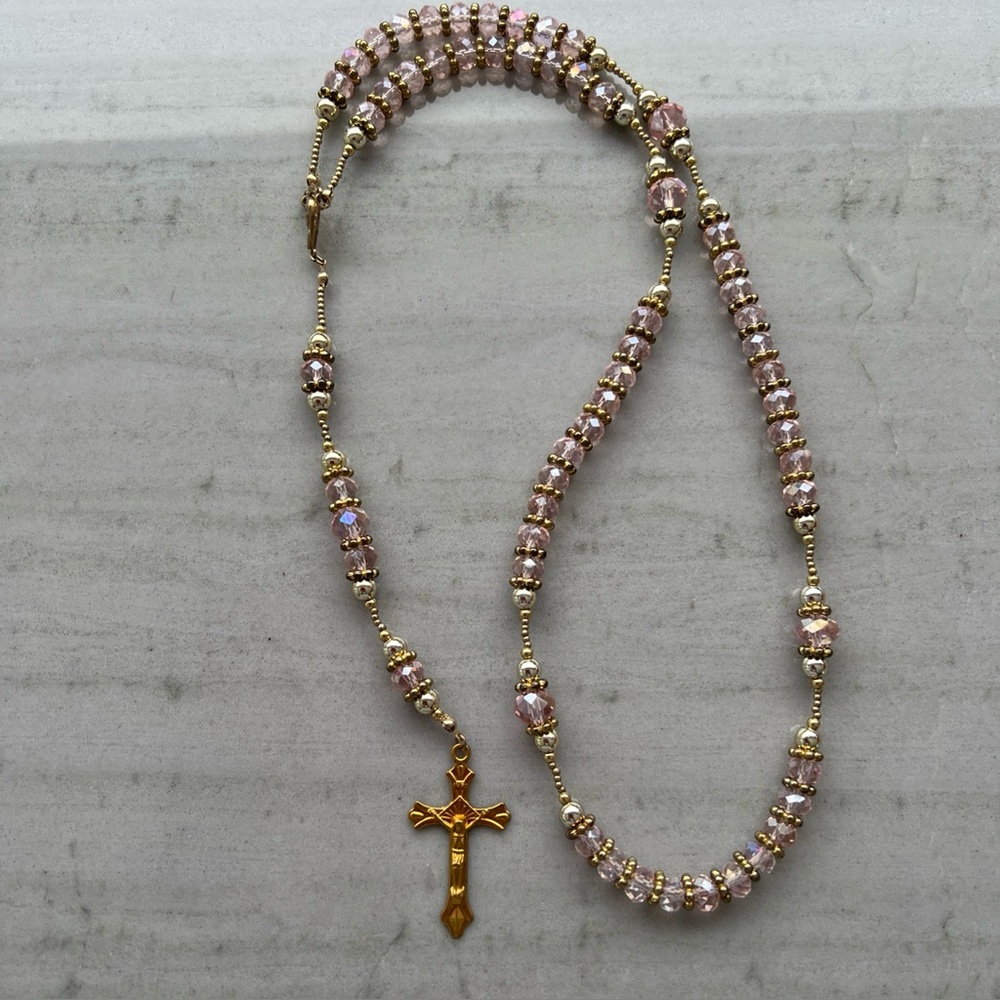 Pink Crystals Italian Rosary Necklace Catholic Rosario Gift